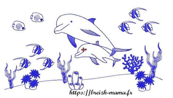 Motif broderie tableau fond marin dauphins