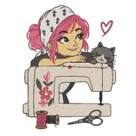 Motif broderie machine couturière & chat devant une machine à coudre